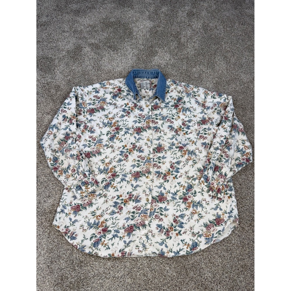 Vintage Solutions Blues Floral Button Down Shirt Denim Collar‎ 100% Cotton Large